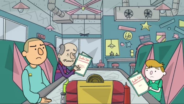 The three main characters from Ends Meet in a diner